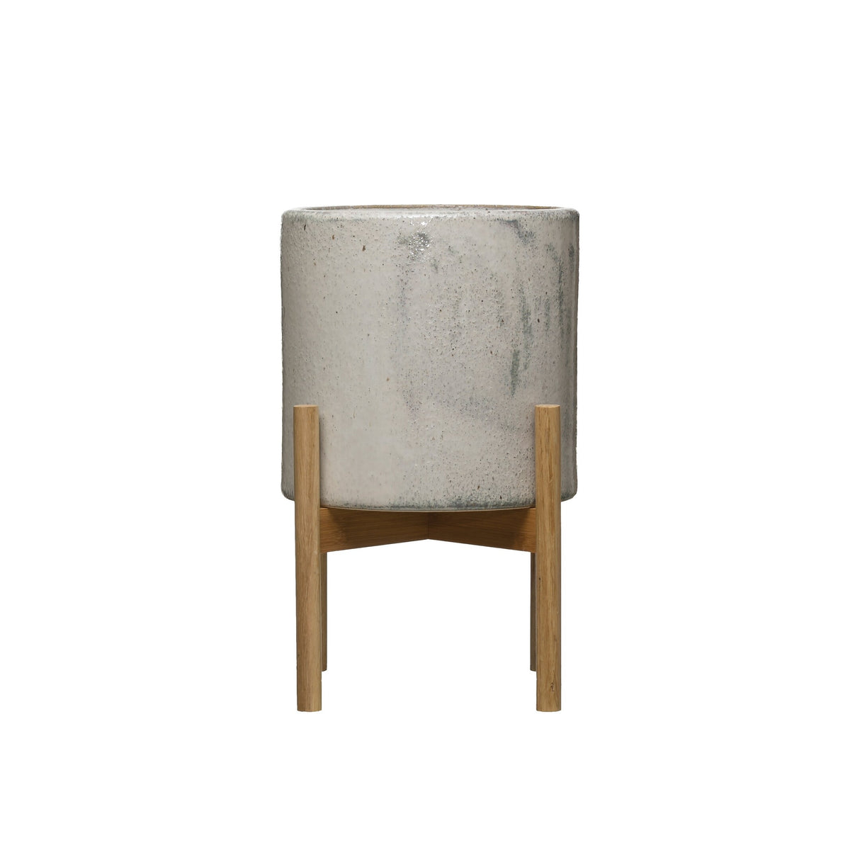 Round Stoneware Planter on Wood Holder (Set of 2 Pieces/Holds 10" Pot) - Grey
