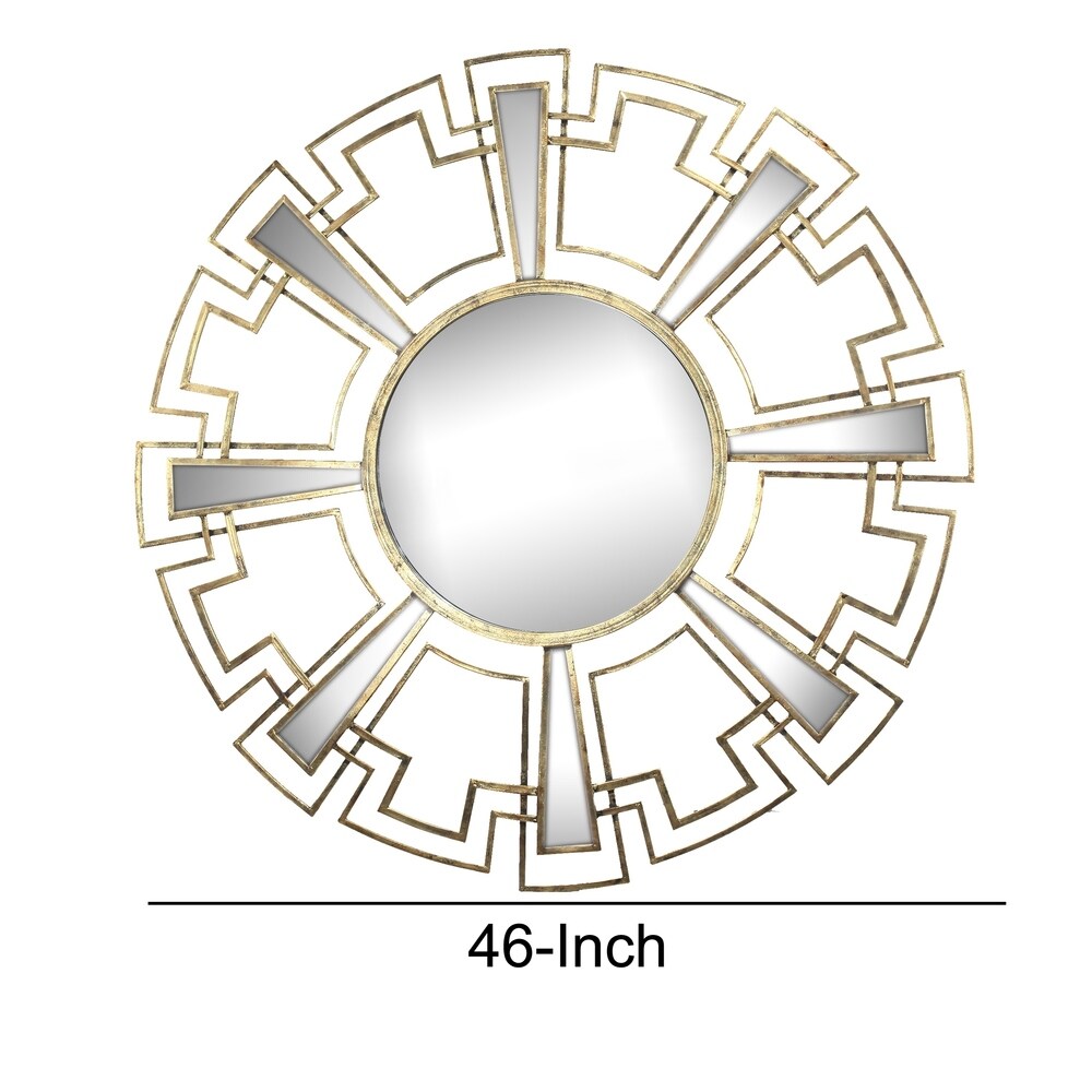 Round Sunburst Wall Mirror with Geometric Design Metal Frame, Gold