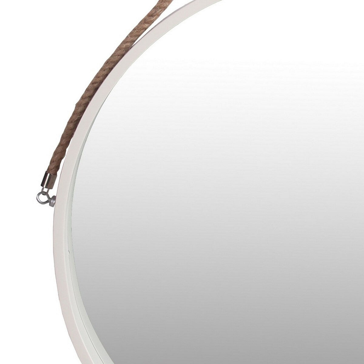 Round Wooden Frame Wall Mirror with Rope Hanger, Large, White and Brown