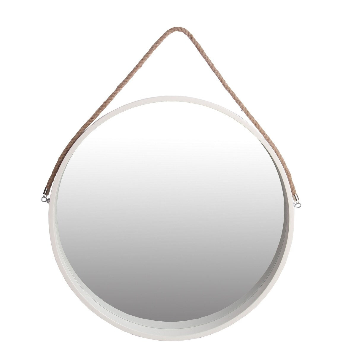 Round Wooden Frame Wall Mirror with Rope Hanger, Large, White and Brown