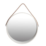 Round Wooden Frame Wall Mirror with Rope Hanger, Large, White and Brown