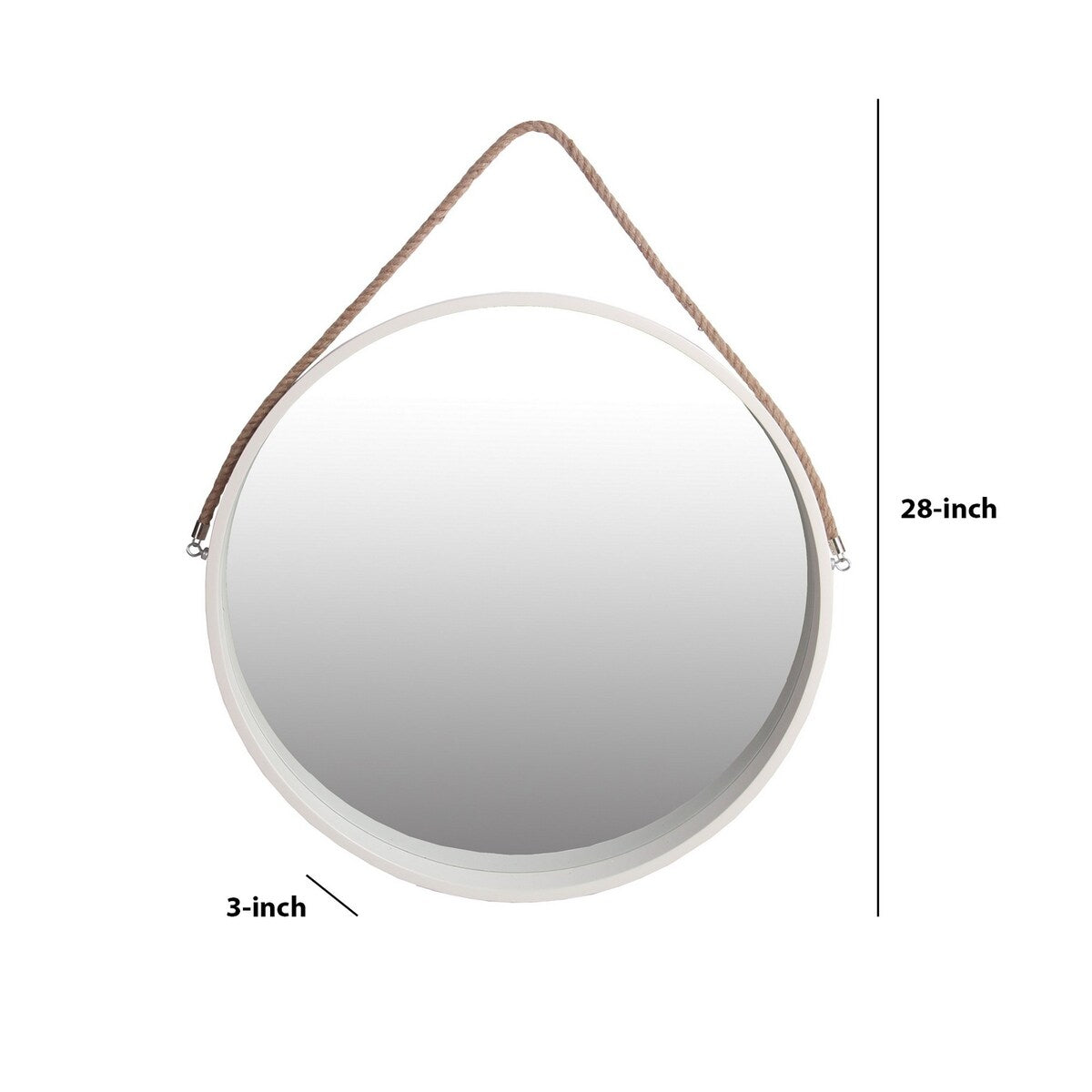 Round Wooden Frame Wall Mirror with Rope Hanger, Large, White and Brown