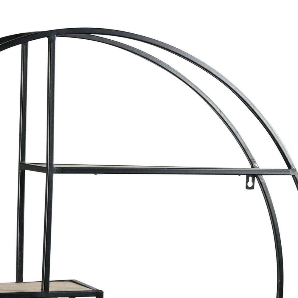 Round Wooden Wall Shelf with 4 Tier Surface, Brown and Black