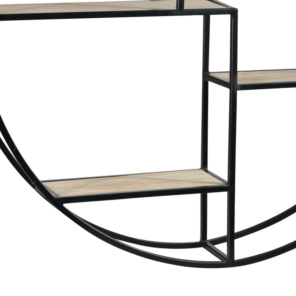 Round Wooden Wall Shelf with 4 Tier Surface, Brown and Black