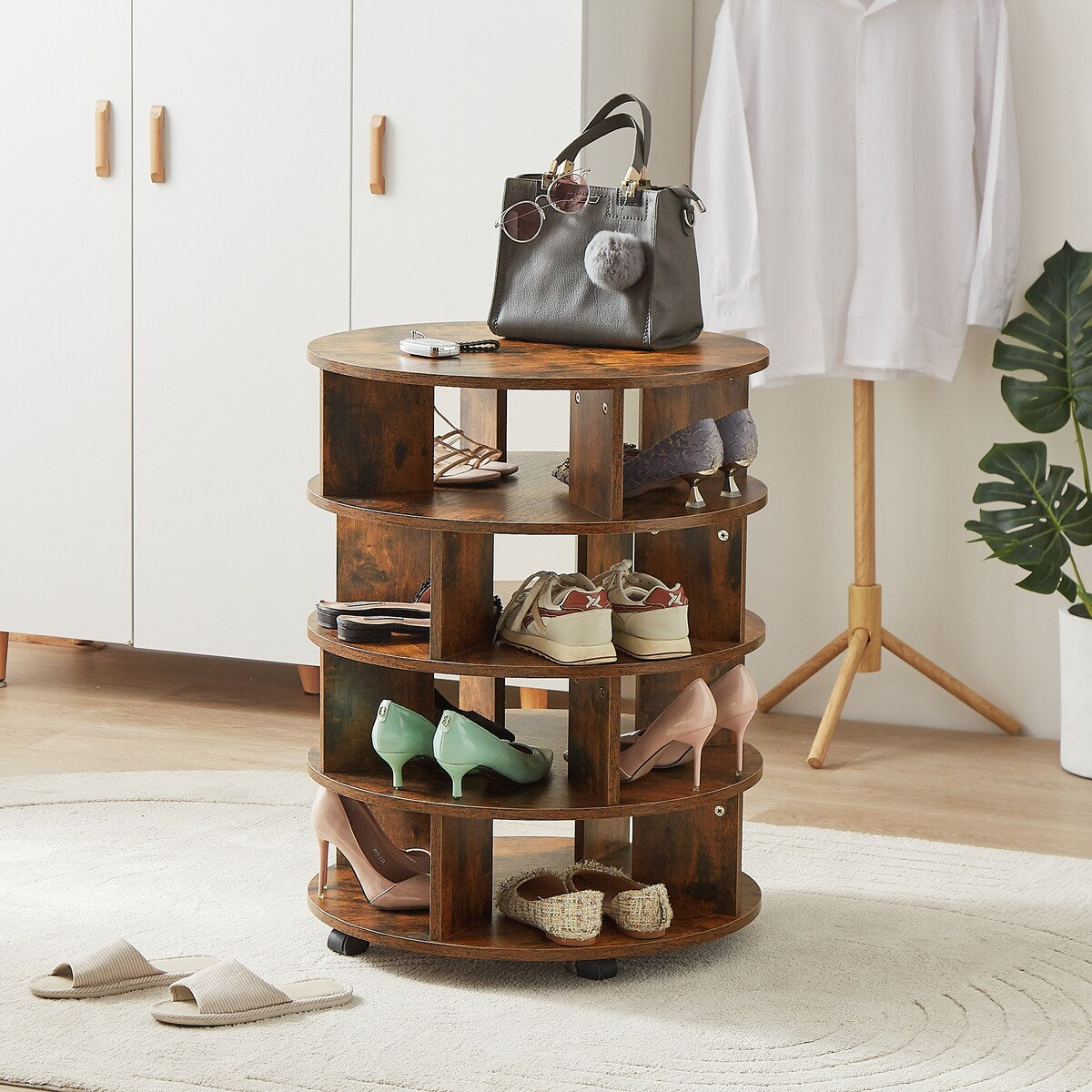 Round pushable wooden shoe cabinet on wheels