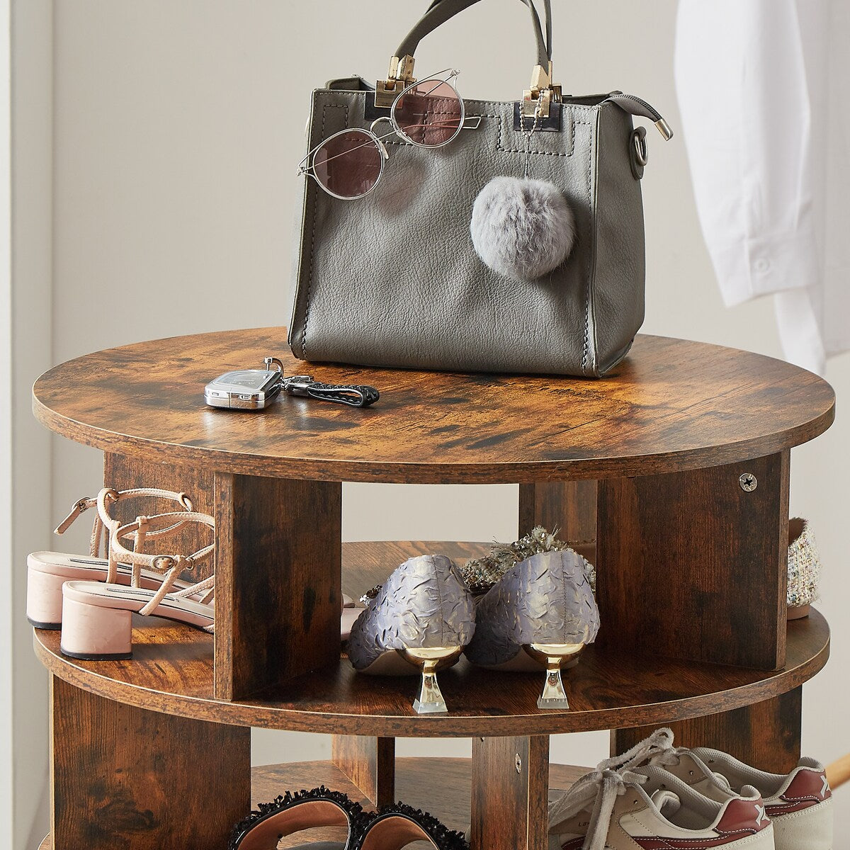 Round pushable wooden shoe cabinet on wheels