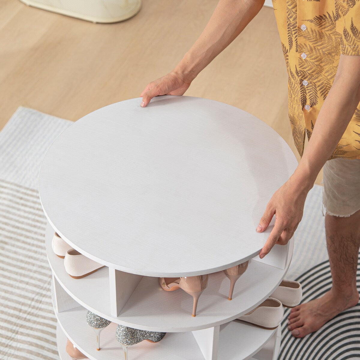 Round pushable wooden shoe cabinet on wheels