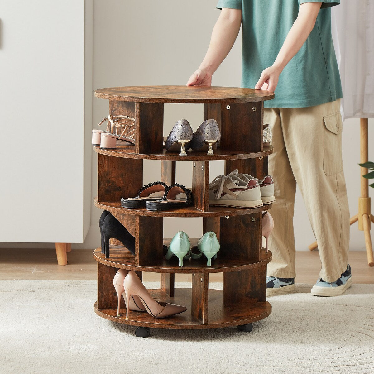 Round pushable wooden shoe cabinet on wheels