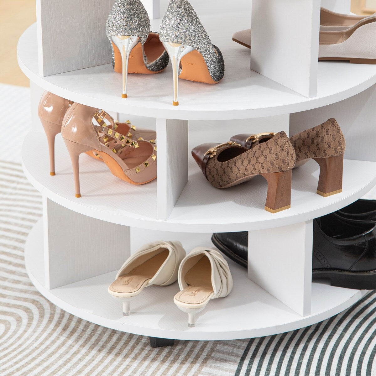 Round pushable wooden shoe cabinet on wheels