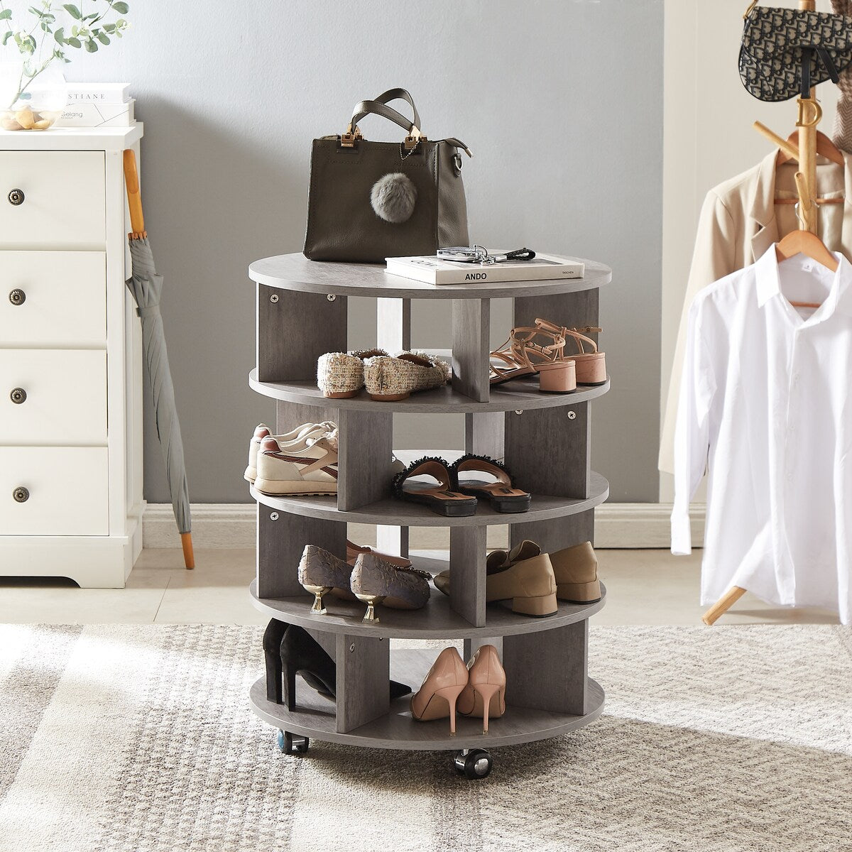 Round pushable wooden shoe cabinet on wheels