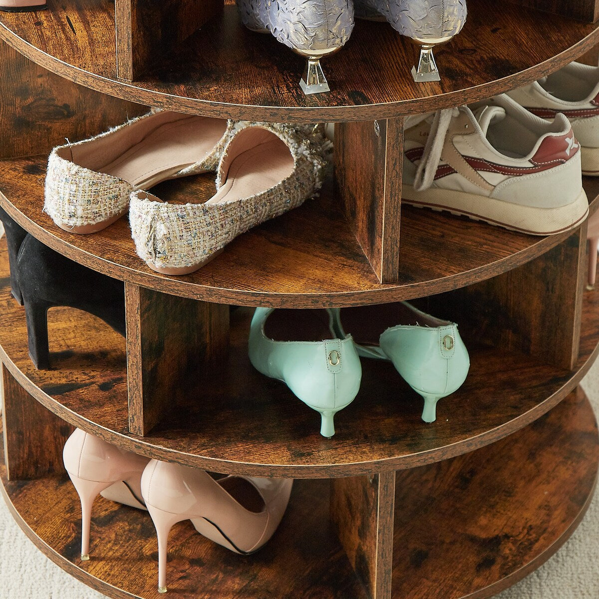 Round pushable wooden shoe cabinet on wheels