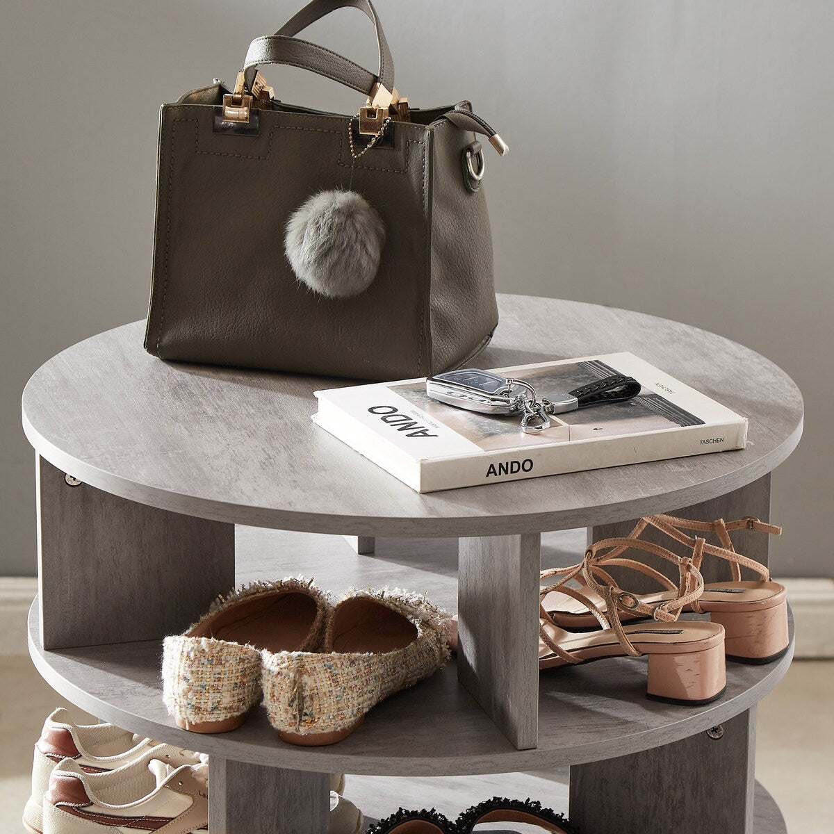 Round pushable wooden shoe cabinet on wheels