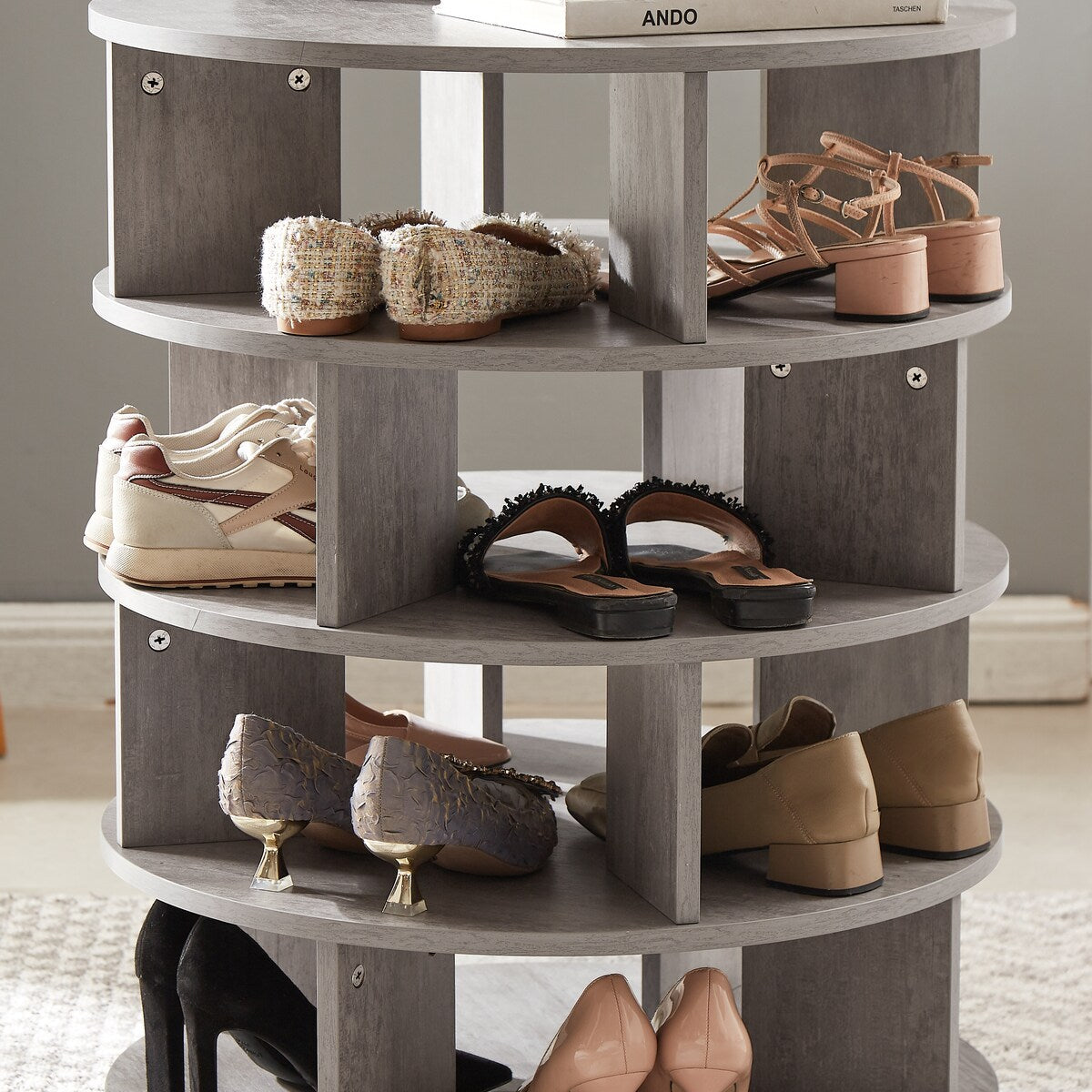 Round pushable wooden shoe cabinet on wheels