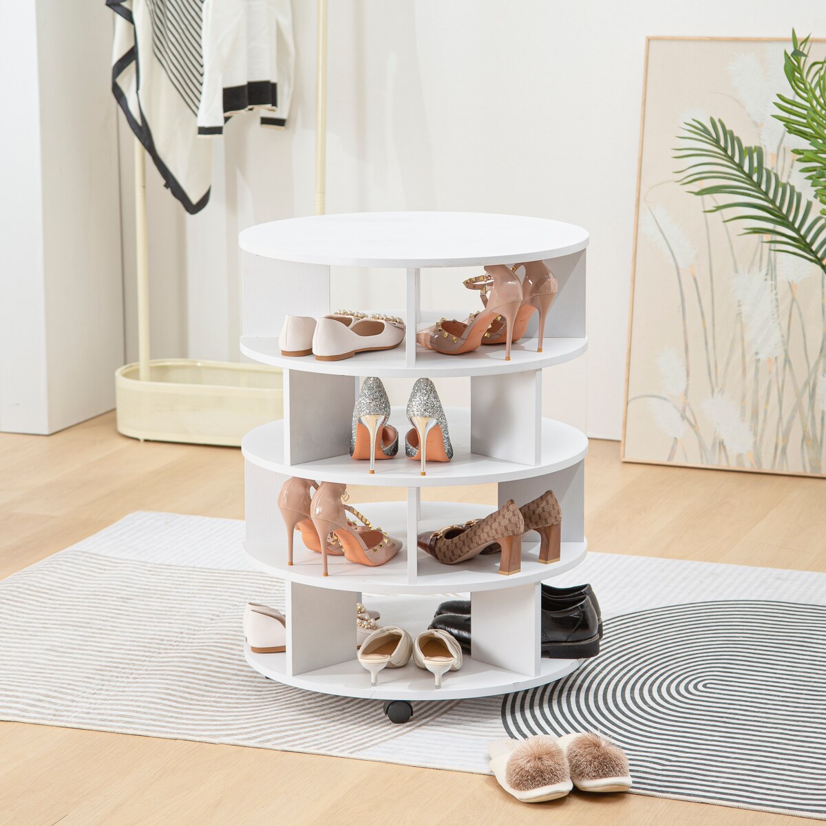 Round pushable wooden shoe cabinet on wheels