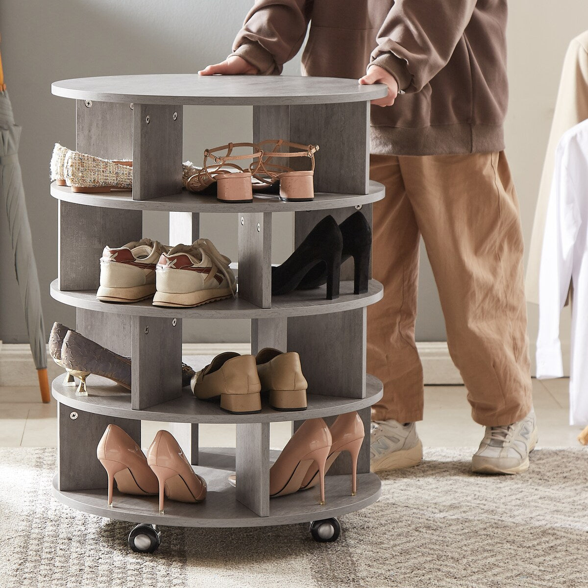 Round pushable wooden shoe cabinet on wheels