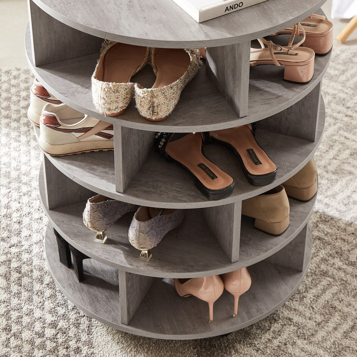 Round pushable wooden shoe cabinet on wheels