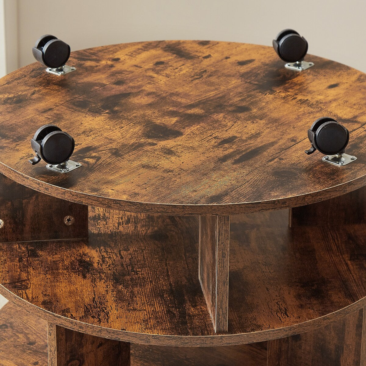 Round pushable wooden shoe cabinet on wheels