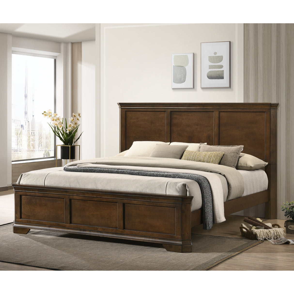 Roundhill Furniture Maderne 3-Piece Wood Bedroom Set, Panel Bed and Two Nightstands, Antique Walnut Finish
