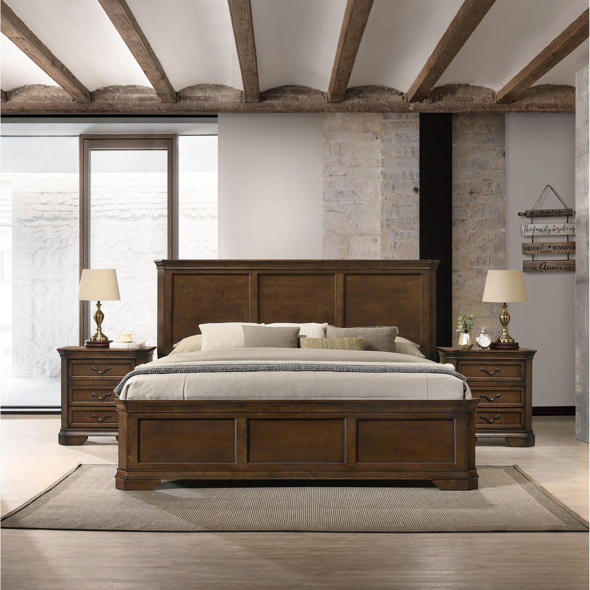 Roundhill Furniture Maderne 3-Piece Wood Bedroom Set, Panel Bed and Two Nightstands, Antique Walnut Finish