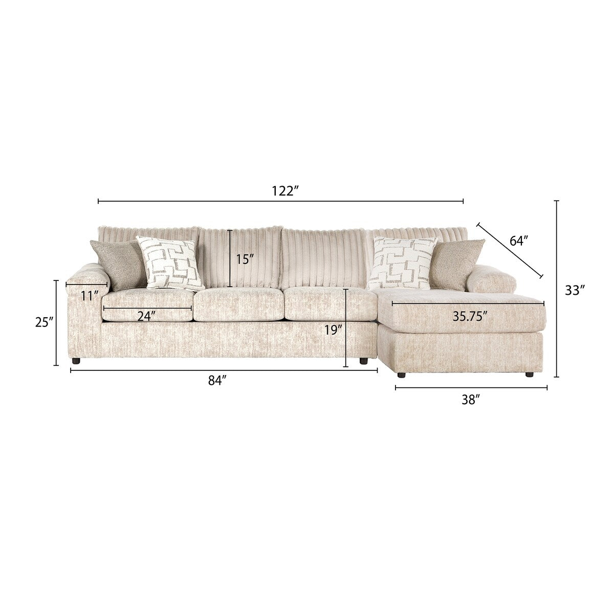 Roundhill Furniture Nason Wide Wale Corduroy Sectional Sofa Chaise with Armchair and Ottoman