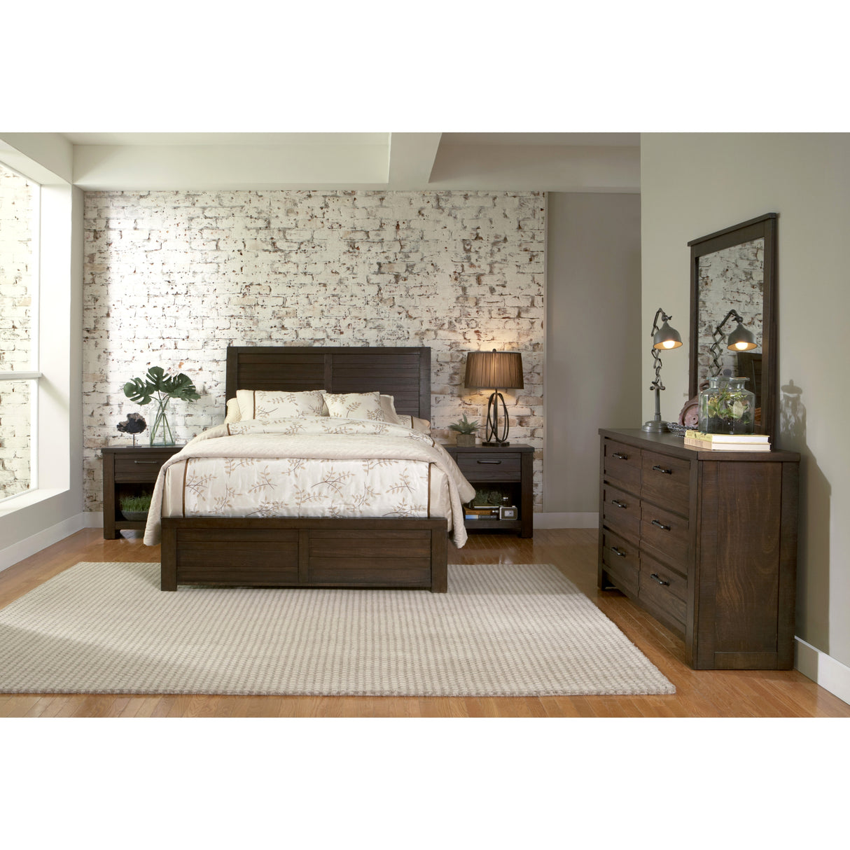 Roundhill Furniture Sedona Transitional Wood Bedroom Set, Panel Bed with Dresser, Mirror, Two Nightstands in Espresso