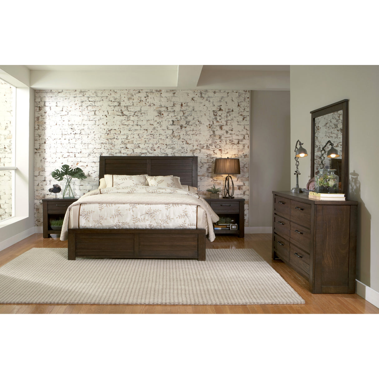 Roundhill Furniture Sedona Transitional Wood Bedroom Set, Panel Bed with Dresser, Mirror, Two Nightstands in Espresso
