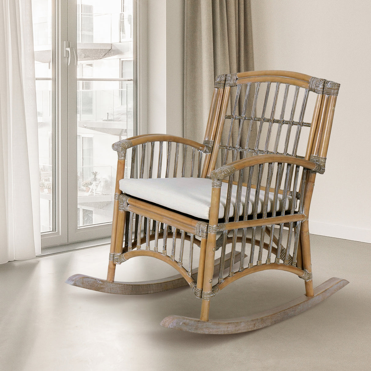 Rowan Bohemian Farmhouse Woven Rattan/Wood Rocking Chair, by JONATHAN Y - 39.37"