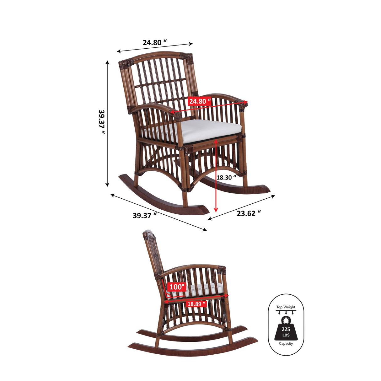 Rowan Bohemian Farmhouse Woven Rattan/Wood Rocking Chair, by JONATHAN Y - 39.37"