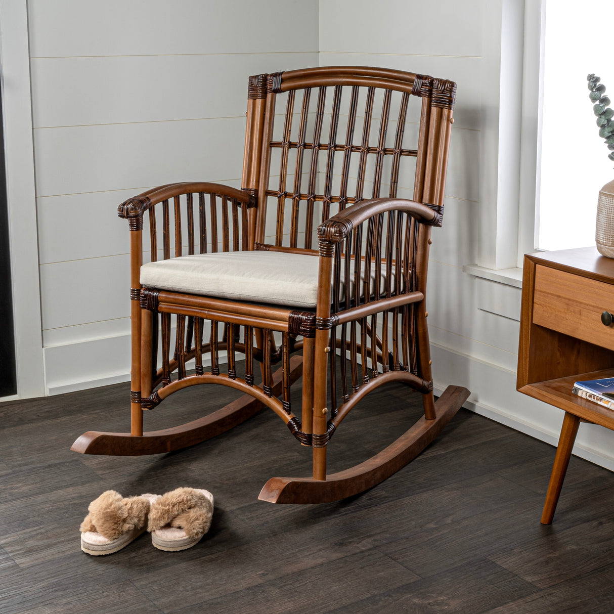 Rowan Bohemian Farmhouse Woven Rattan/Wood Rocking Chair, by JONATHAN Y - 39.37"