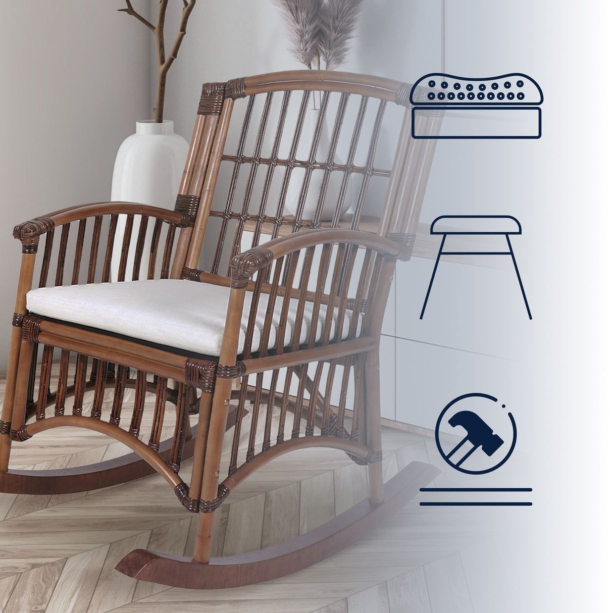 Rowan Bohemian Farmhouse Woven Rattan/Wood Rocking Chair, by JONATHAN Y - 39.37"