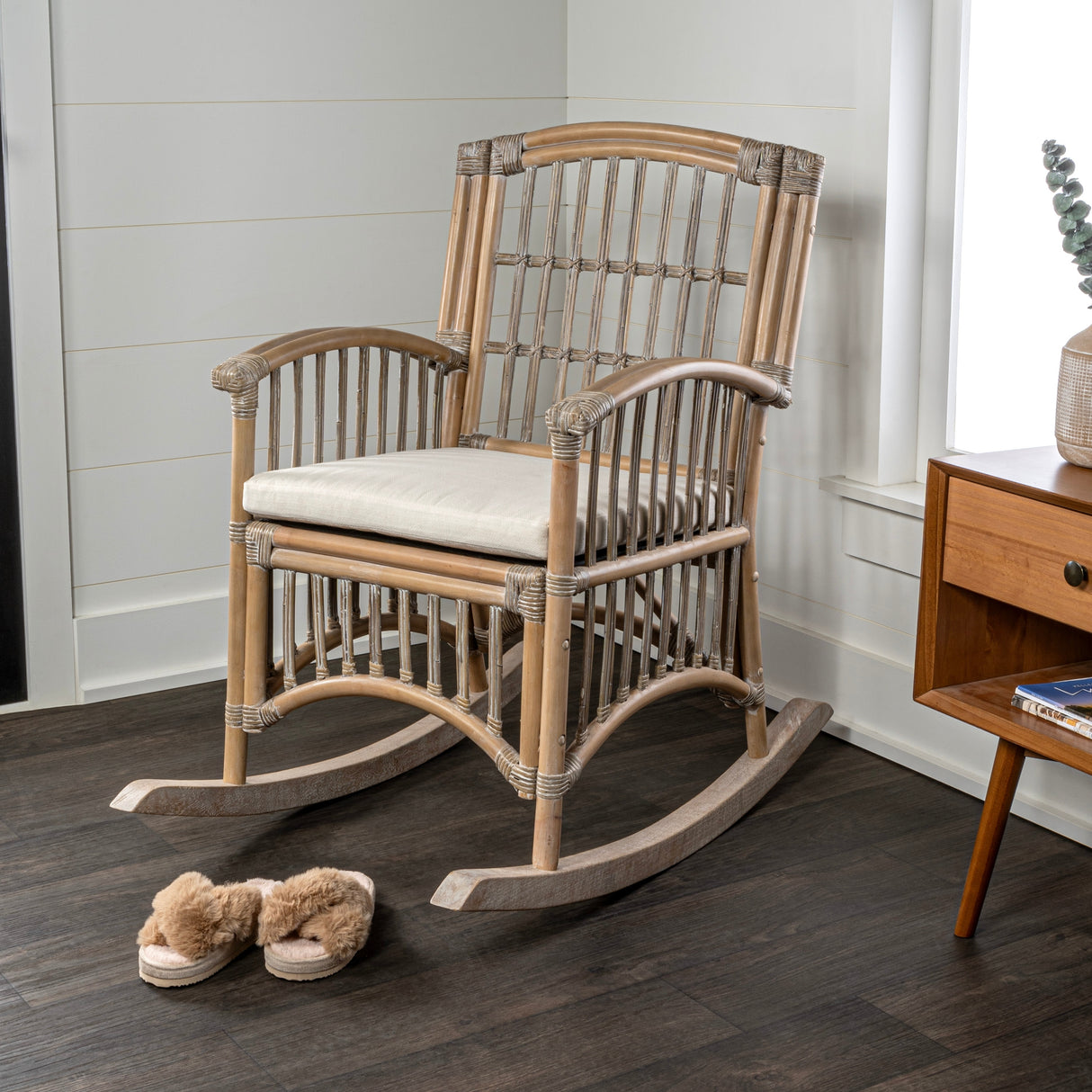 Rowan Bohemian Farmhouse Woven Rattan/Wood Rocking Chair, by JONATHAN Y - 39.37"