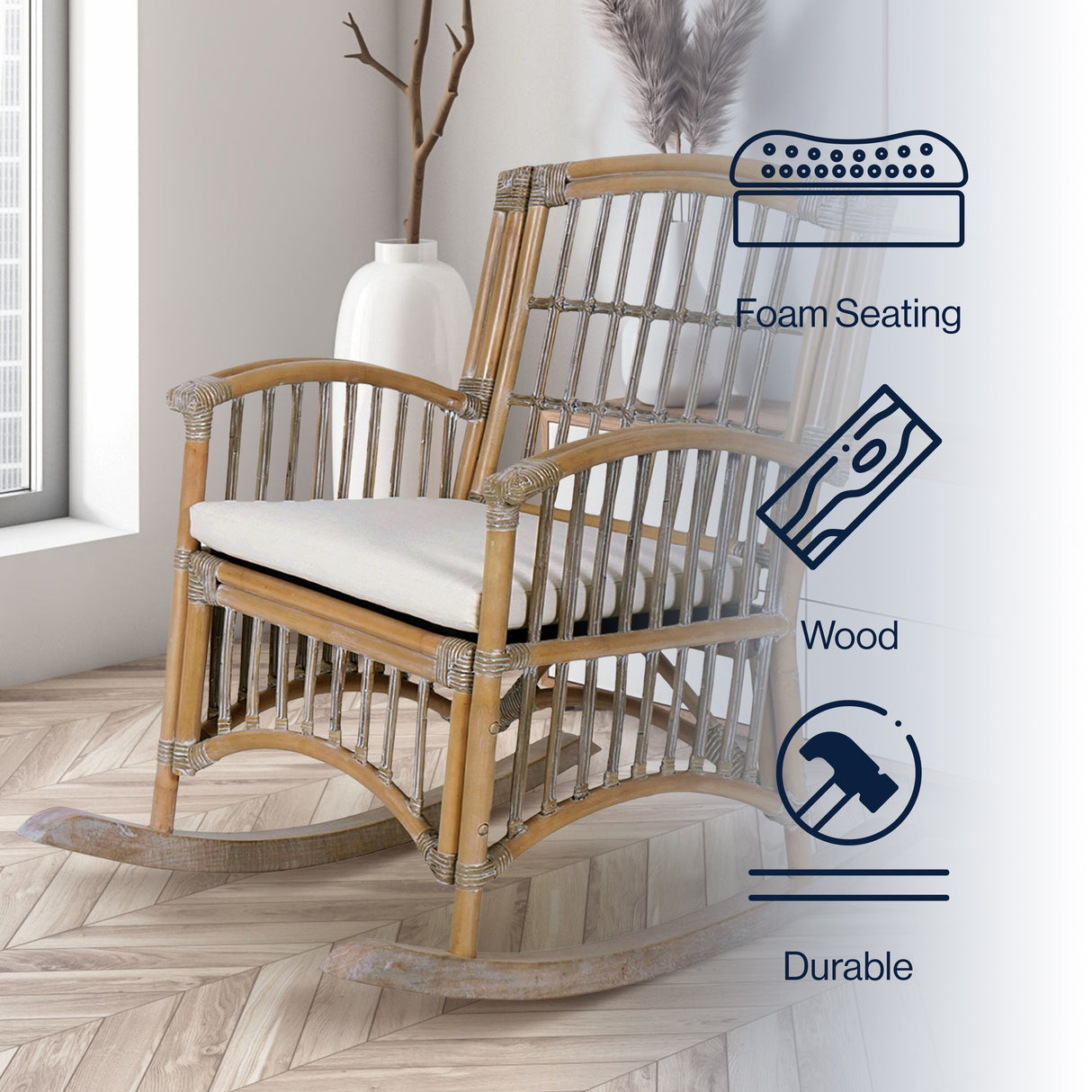 Rowan Bohemian Farmhouse Woven Rattan/Wood Rocking Chair, by JONATHAN Y - 39.37"
