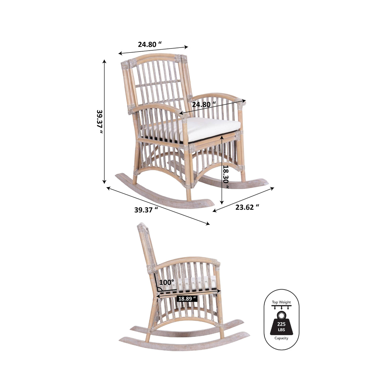 Rowan Bohemian Farmhouse Woven Rattan/Wood Rocking Chair, by JONATHAN Y - 39.37"