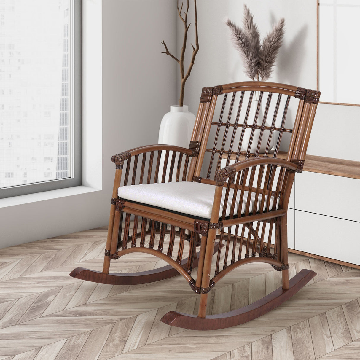 Rowan Bohemian Farmhouse Woven Rattan/Wood Rocking Chair, by JONATHAN Y - 39.37"