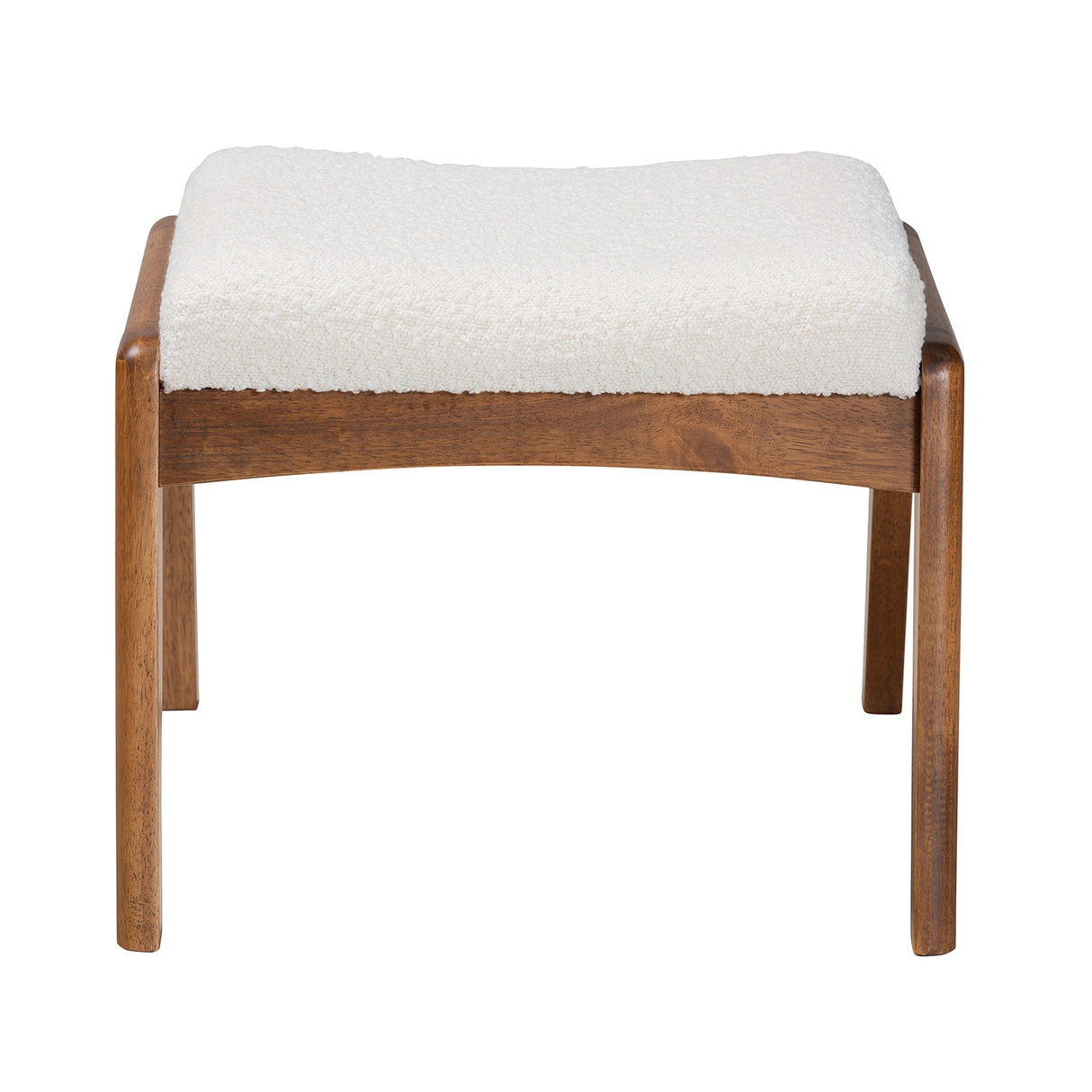 Roxy Mid-Century Modern Off-White Boucle Upholstered and Walnut Brown Finished Wood Ottoman Footstool