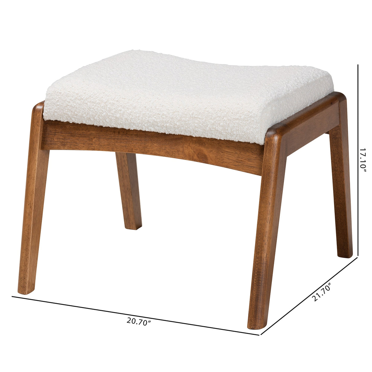 Roxy Mid-Century Modern Off-White Boucle Upholstered and Walnut Brown Finished Wood Ottoman Footstool