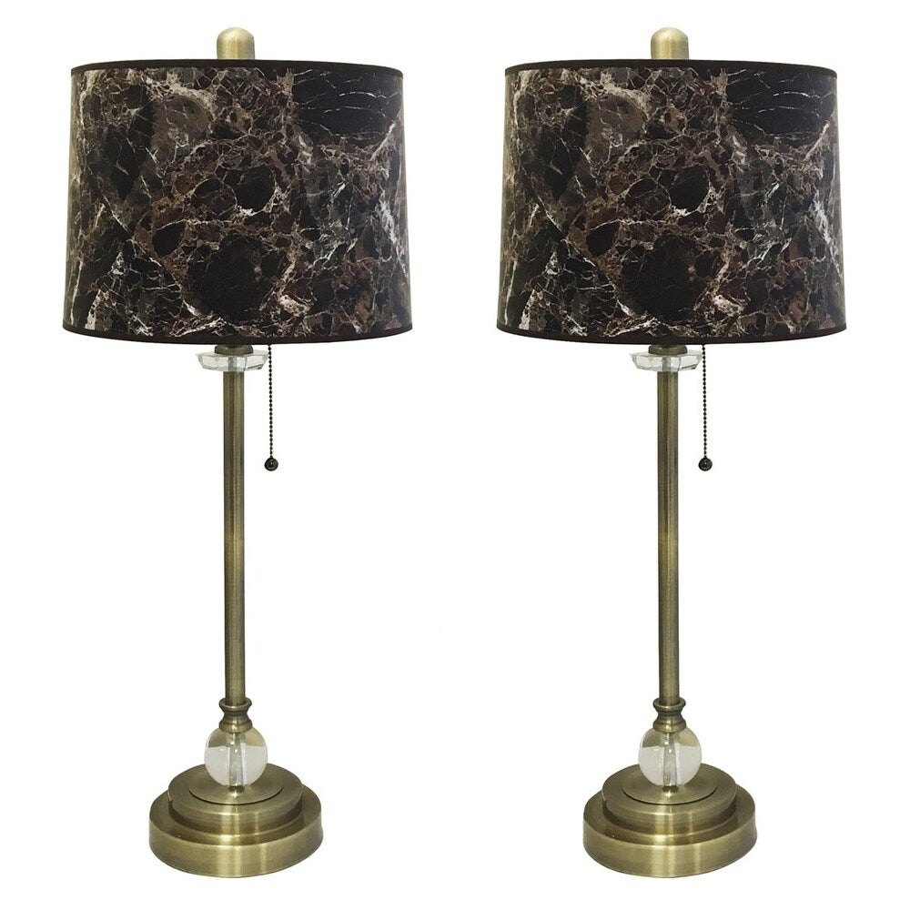 Royal Designs 28" Antique Brass Buffet Lamp with Dark Brown Marble Hardback Lamp Shade, Set of 2
