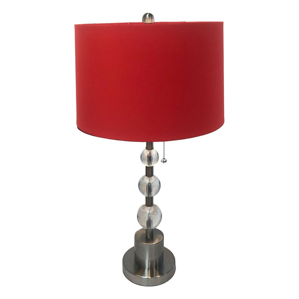 Royal Designs Brush Nickel Lamp with Crystal Ball Accents and Red Shallow Drum Hardback Lamp Shade, Set of 2