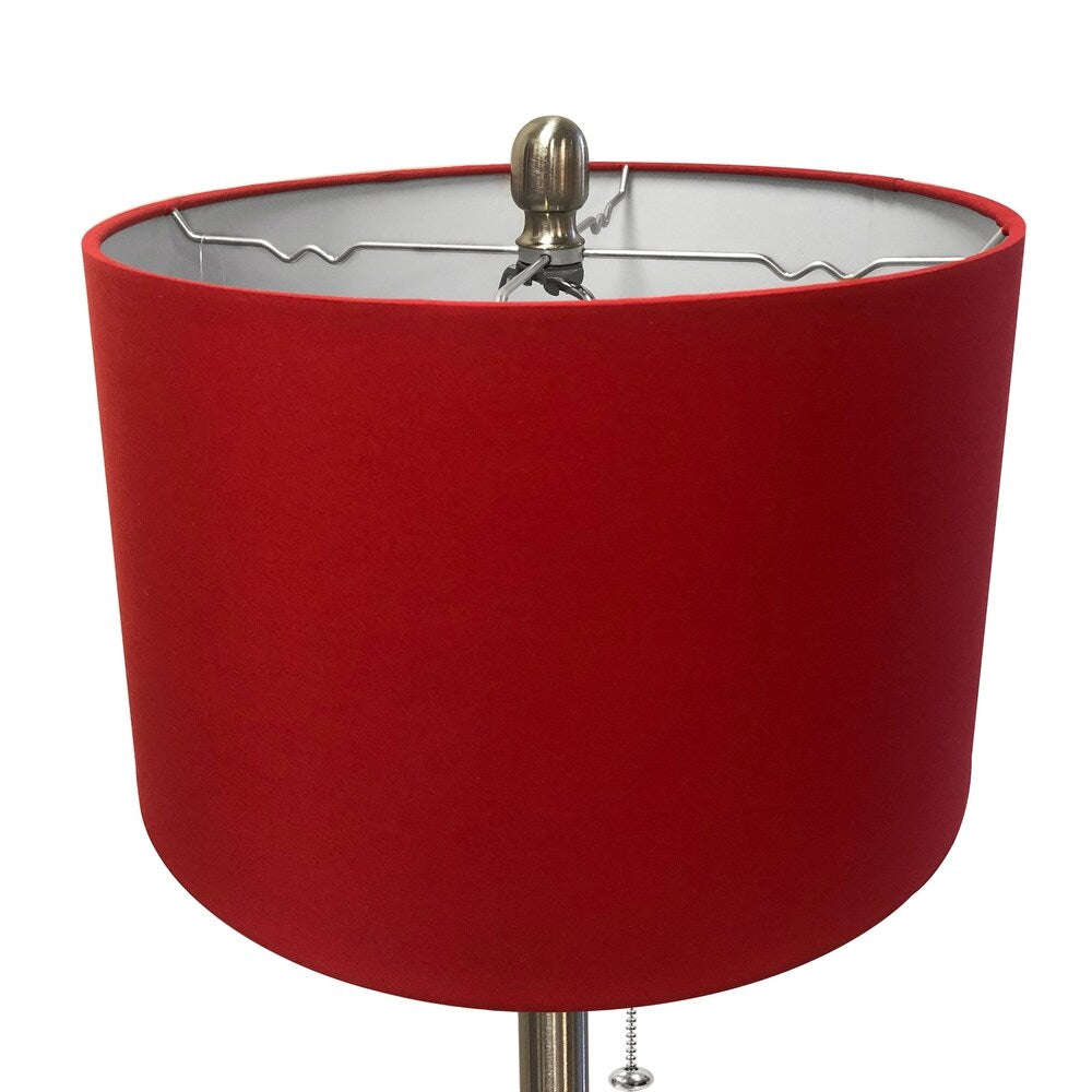 Royal Designs Brush Nickel Lamp with Crystal Ball Accents and Red Shallow Drum Hardback Lamp Shade, Set of 2