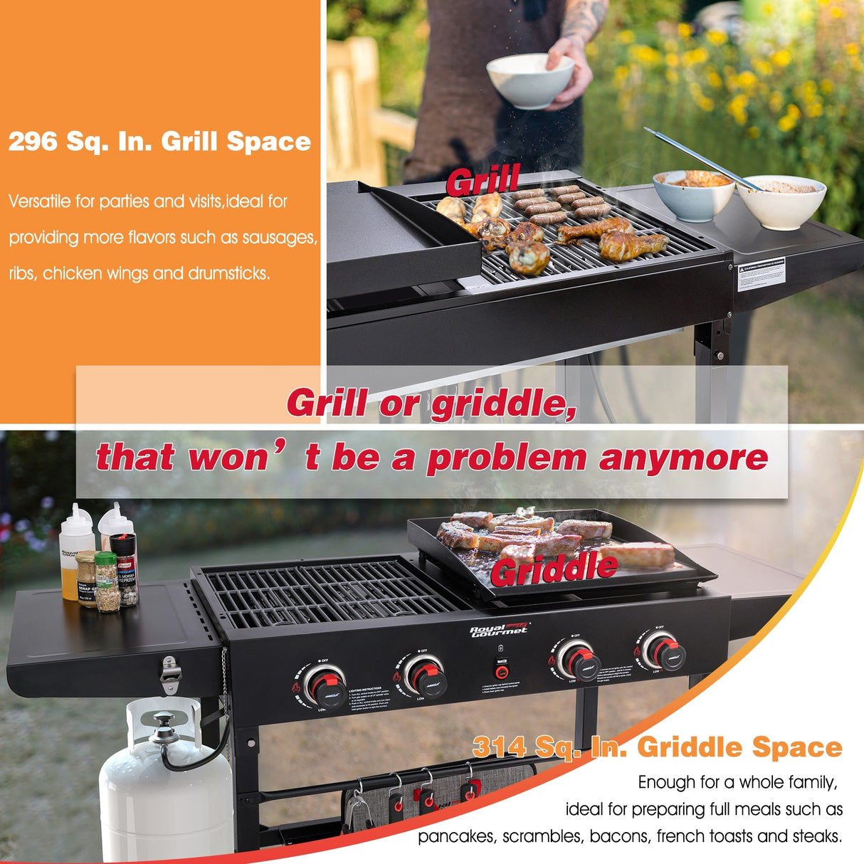 Royal Gourmet GD402 4-Burner Portable Flat Top Gas Grill and Griddle Combo with Folding Legs, Black