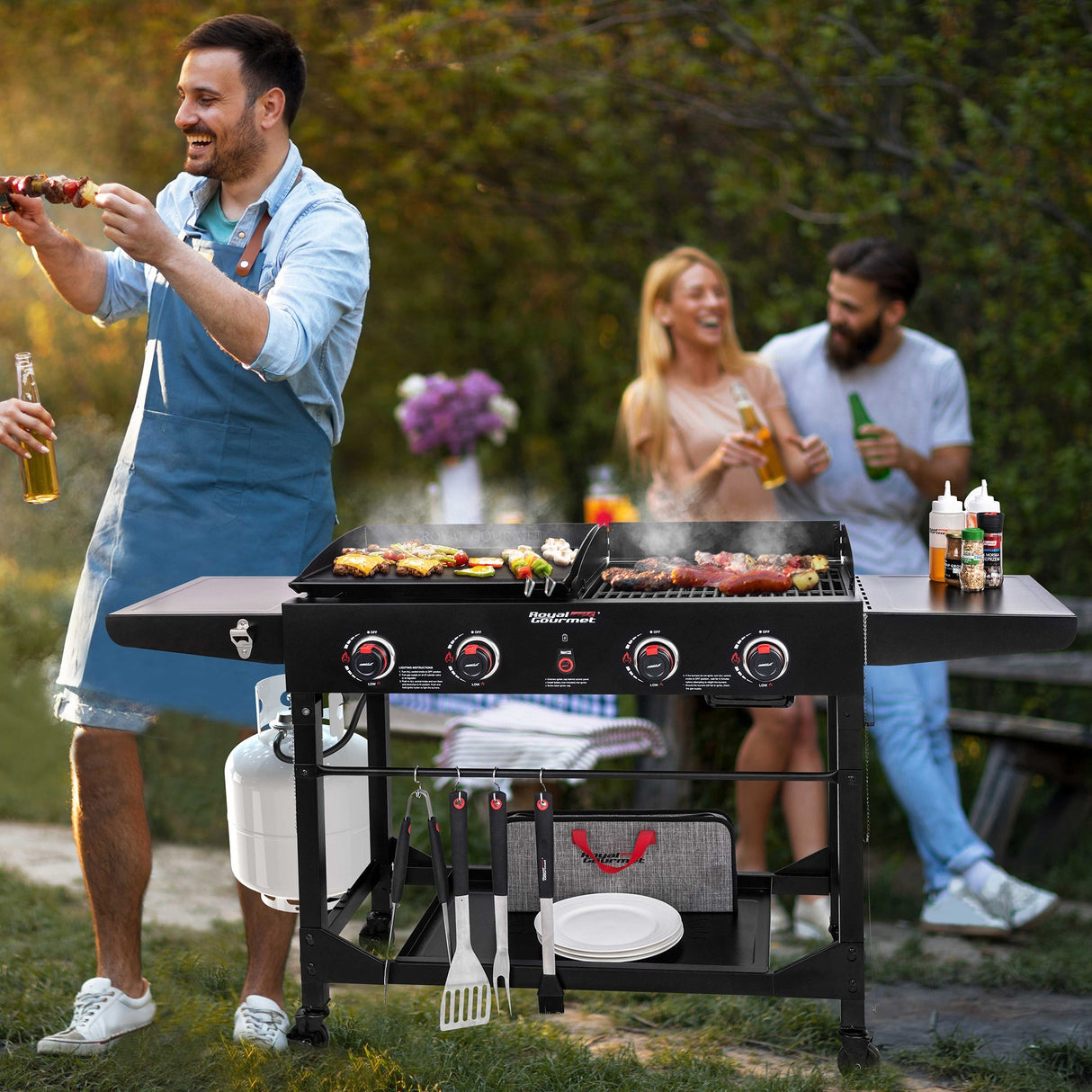 Royal Gourmet GD402 4-Burner Portable Flat Top Gas Grill and Griddle Combo with Folding Legs, Black