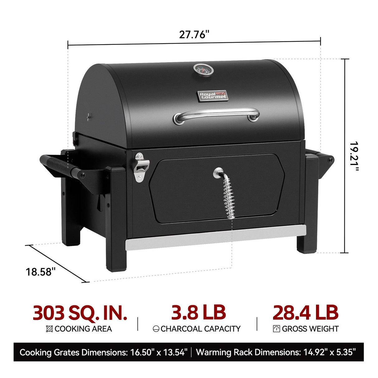 Royal Gourmet Portable Charcoal Grill with Side Handles and Bottle Opener, Tailgate and Campsite, Black