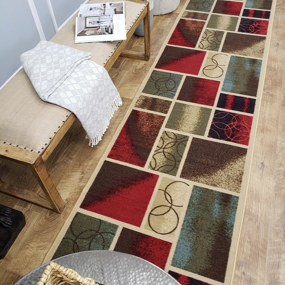 Rubber Back Multicolor Frame Boxes Non-Slip Long Runner Rug (2'8 x 9'10) - 2'8 x 9'10