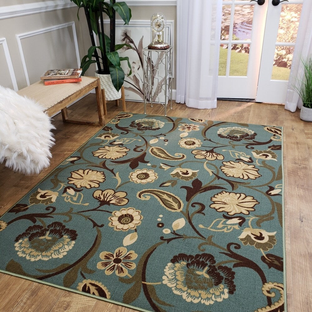 Rubber Back Ocean Blue Floral Non-Slip Area Rug - 3'3 X 5'