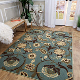 Rubber Back Ocean Blue Floral Non-Slip Area Rug - 3'3 X 5'