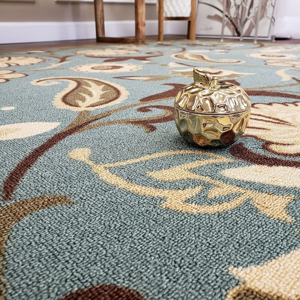 Rubber Back Ocean Blue Floral Non-Slip Area Rug - 3'3 X 5'