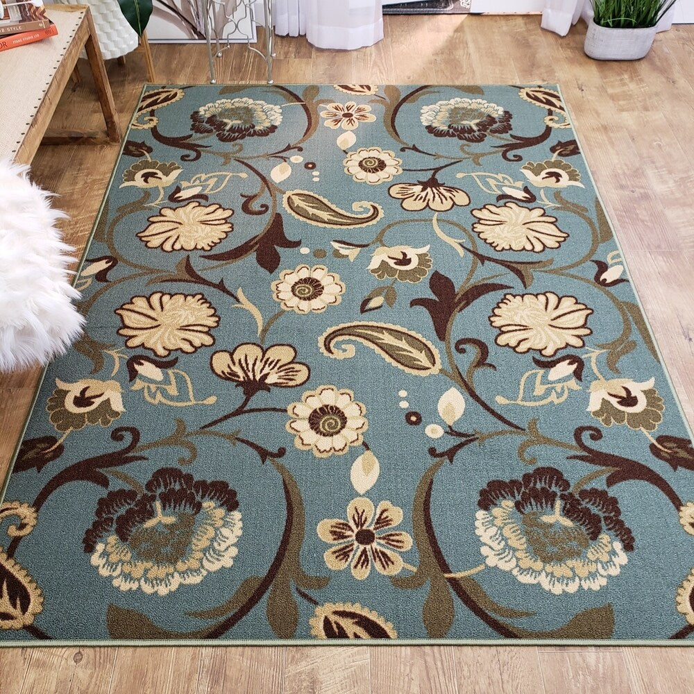 Rubber Back Ocean Blue Floral Non-Slip Area Rug - 3'3 X 5'