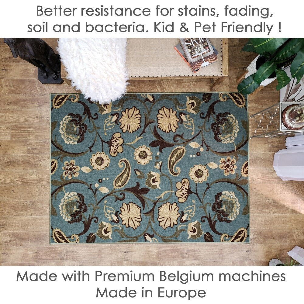 Rubber Back Ocean Blue Floral Non-Slip Area Rug - 3'3 X 5'