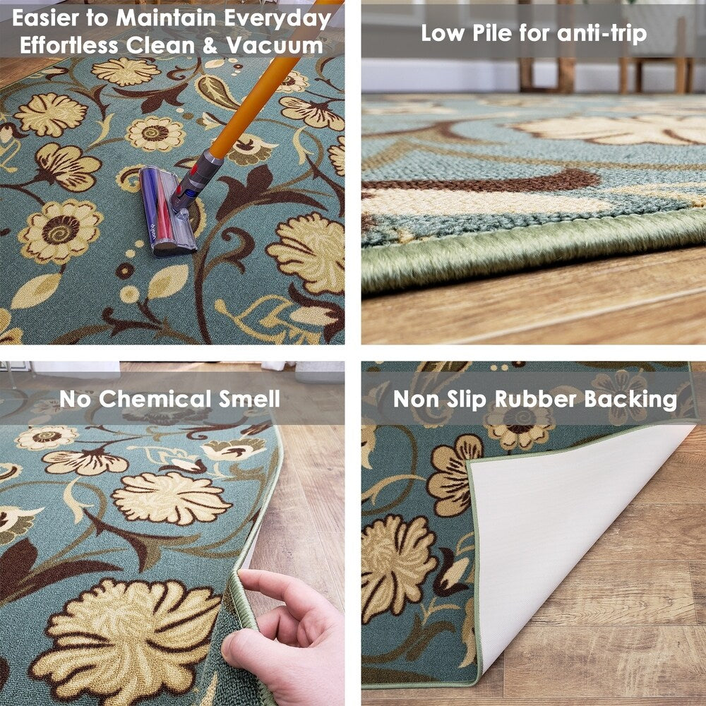Rubber Back Ocean Blue Floral Non-Slip Area Rug - 3'3 X 5'
