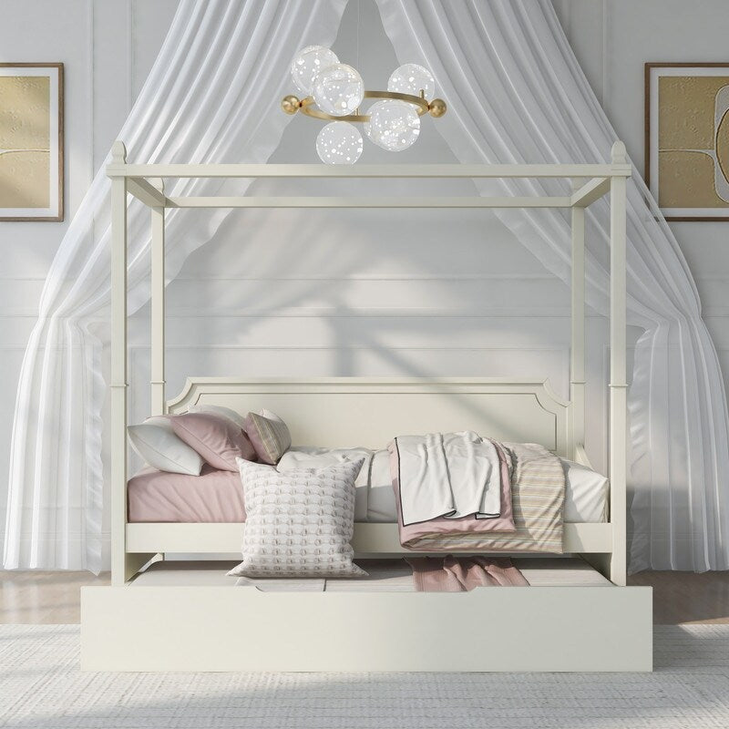 Rubber Wood Twin Size Canopy Bed Daybed with Trundle